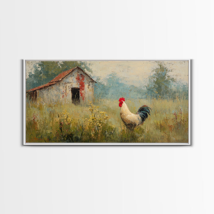 Rooster and Wildflower Country Portrait Framed Canvas Print, Bed and Breakfast Art, Home Decor, Living Room Decor, Fine Art, BAB-2x1-15