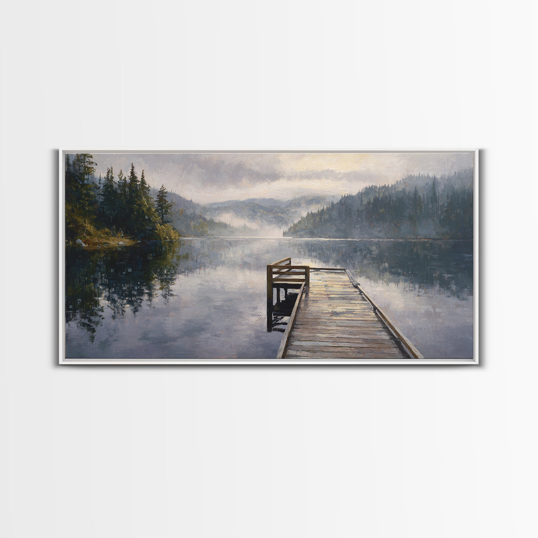 Quiet Lake Dock at Early Morning Framed Canvas Print, Bed and Breakfast Art, Room Decor, Living Room Decor, Fine Art, BAB-2x1-18
