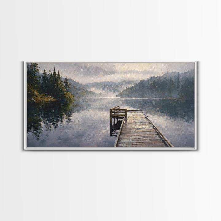 Quiet Lake Dock at Early Morning Framed Canvas Print, Bed and Breakfast Art, Room Decor, Living Room Decor, Fine Art, BAB-2x1-18