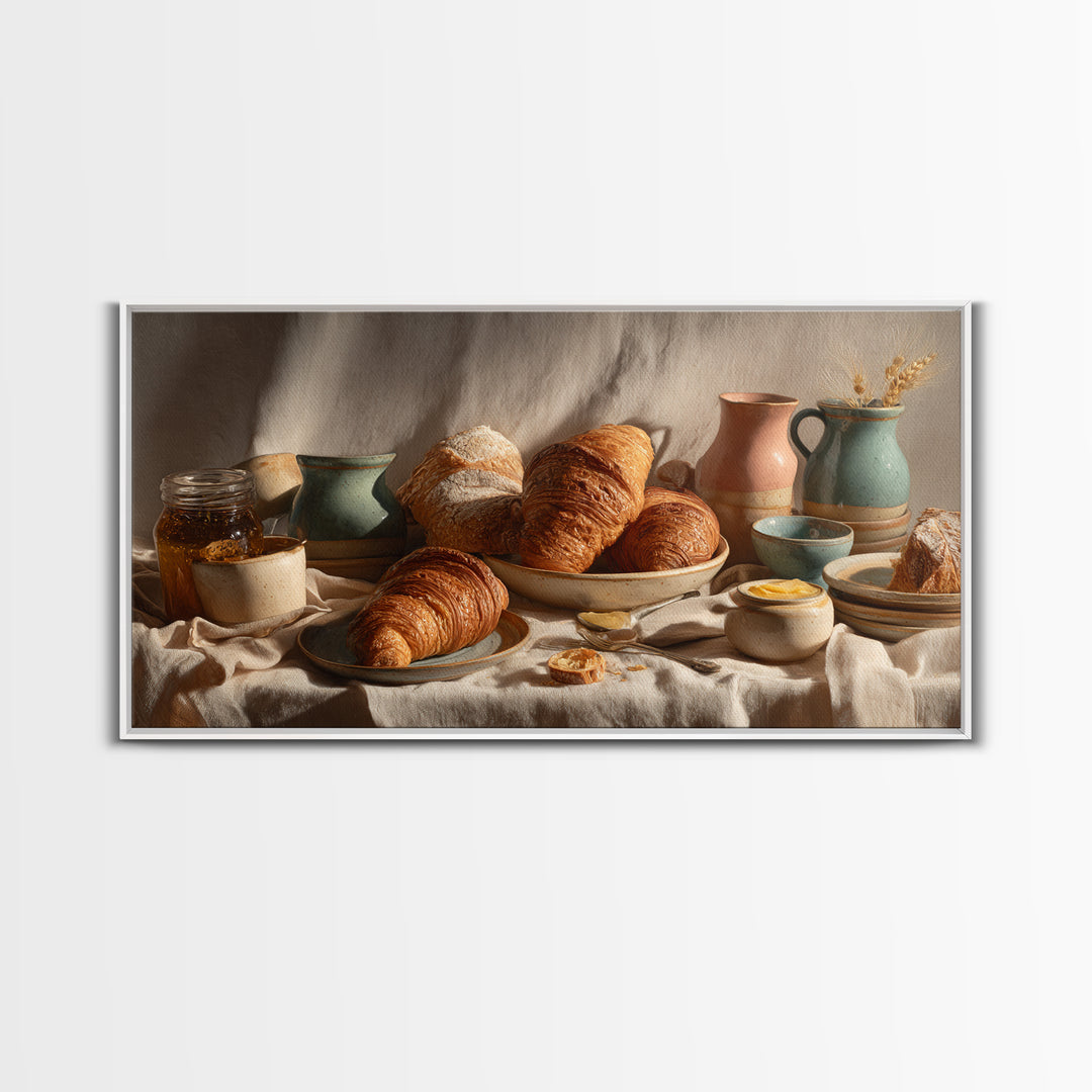 Fresh Croissants and Jam on a Linen Canvas Print, Bed and Breakfast Art, Textured Painting, Living Room Decor, Abstract Art, BAB-2x1-22