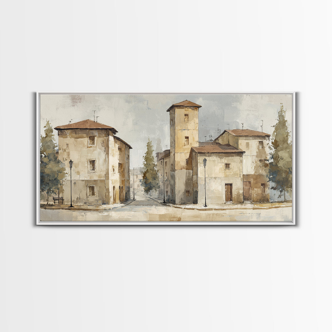 Soft Watercolor Village Street at Dawn Framed Canvas Print, Bed and Breakfast Art, Printable, Living Room Decor, Fine Art, BAB-2x1-25