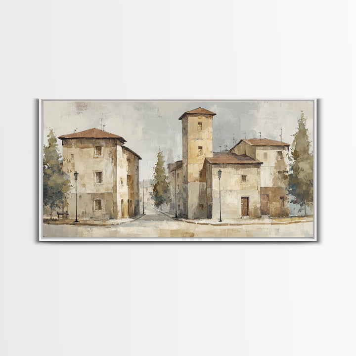 Soft Watercolor Village Street at Dawn Framed Canvas Print, Bed and Breakfast Art, Printable, Living Room Decor, Fine Art, BAB-2x1-25