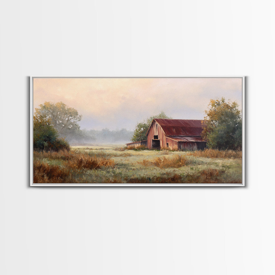 Old Farmhouse Landscape Framed Canvas Print, Bed and Breakfast Art, Wood Wall Art, Living Room Decor, Oil Painting, BAB-2x1-3