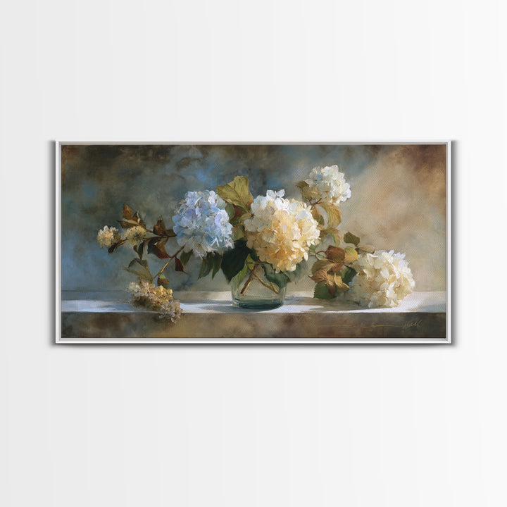 Sunlit Hydrangeas on a Windowsill Framed Canvas Print, Bed and Breakfast Art, Minimalist Decor, Living Room Decor, Fine Art, BAB-2x1-30