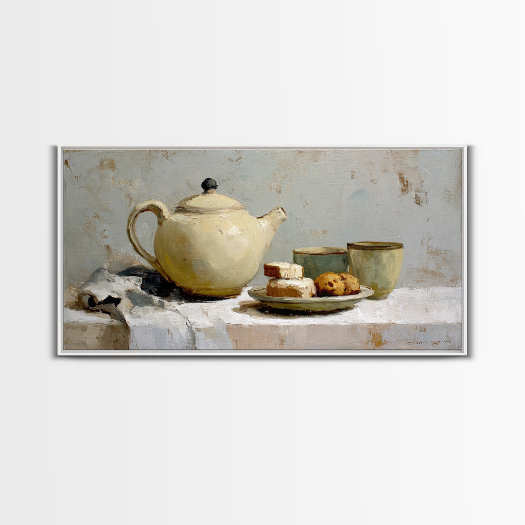 Porcelain Teapot and Scones Canvas Print, Bed and Breakfast Art, Wall Art, Living Room Decor, Oil Painting, Wood Wall Art, BAB-2x1-32