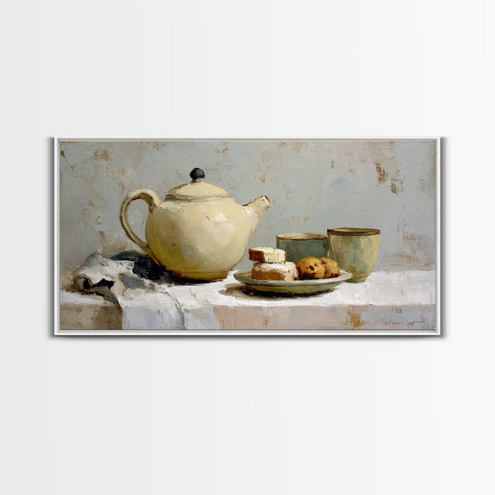 Porcelain Teapot and Scones Canvas Print, Bed and Breakfast Art, Wall Art, Living Room Decor, Oil Painting, Wood Wall Art, BAB-2x1-32