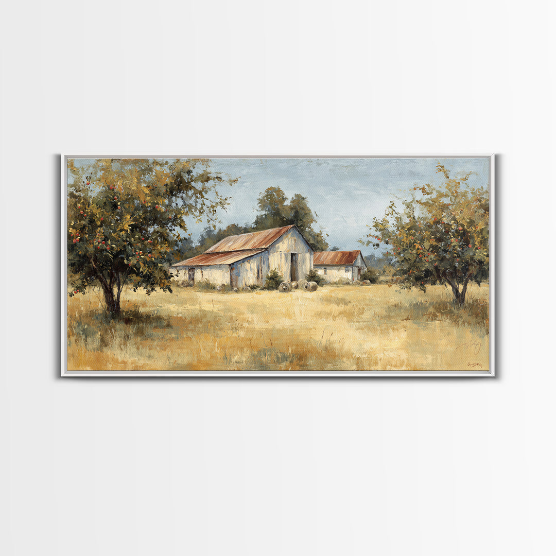Apple Orchard Scene Framed Canvas Print, Bed and Breakfast Art, Decor, Living Room Decor, Fine Art, Dopamine Decor, BAB-2x1-33