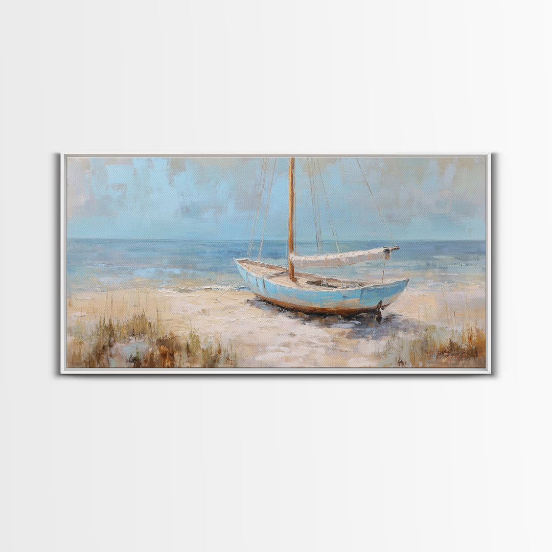 Coastal Inn Sailboat at Sunrise Framed Canvas Print, Bed and Breakfast Art, Print, Living Room Decor, Fine Art, BAB-2x1-37