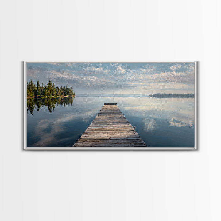 Quiet Lake Dock at Early Morning Framed Canvas Print, Bed and Breakfast Art, Room Decor, Living Room Decor, Fine Art, BAB-2x1-42