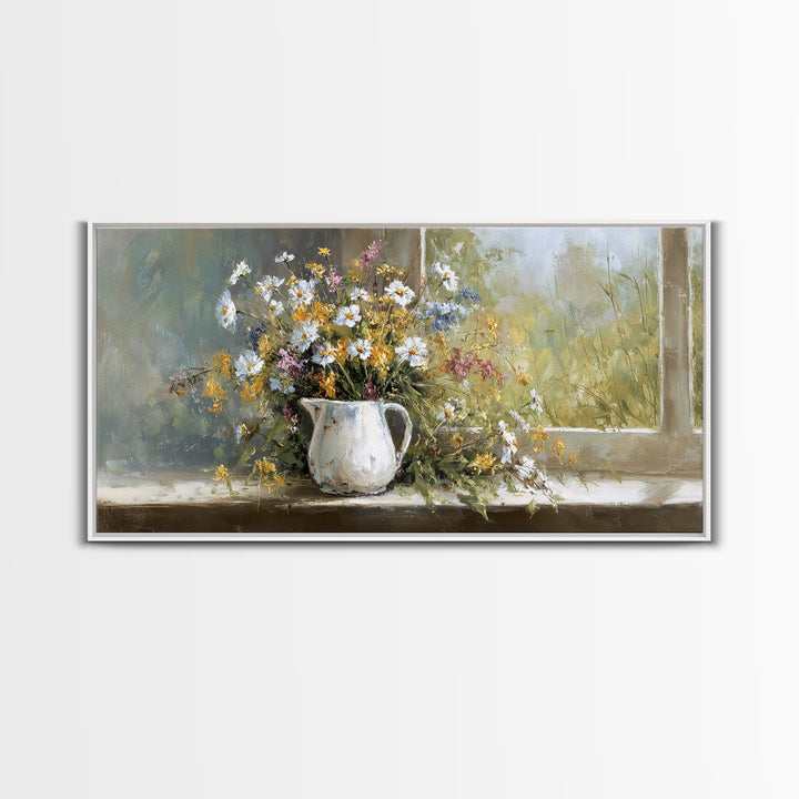Country Wildflowers in a Chipped Ceramic Pitcher Canvas Print, Bed and Breakfast Art, Wood Wall Art, Living Room Decor, BAB-2x1-45