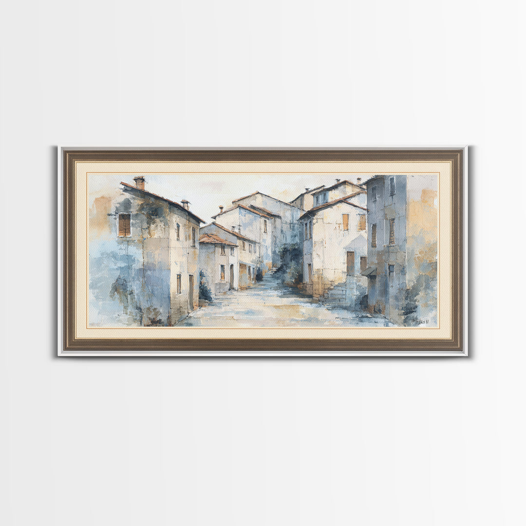 Soft Watercolor Village Street at Dawn Canvas Print, Bed and Breakfast Art, Printable Art, Living Room Decor, Fine Art, BAB-2x1-49