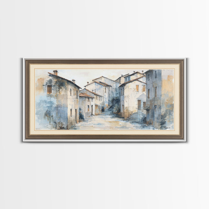Soft Watercolor Village Street at Dawn Canvas Print, Bed and Breakfast Art, Printable Art, Living Room Decor, Fine Art, BAB-2x1-49