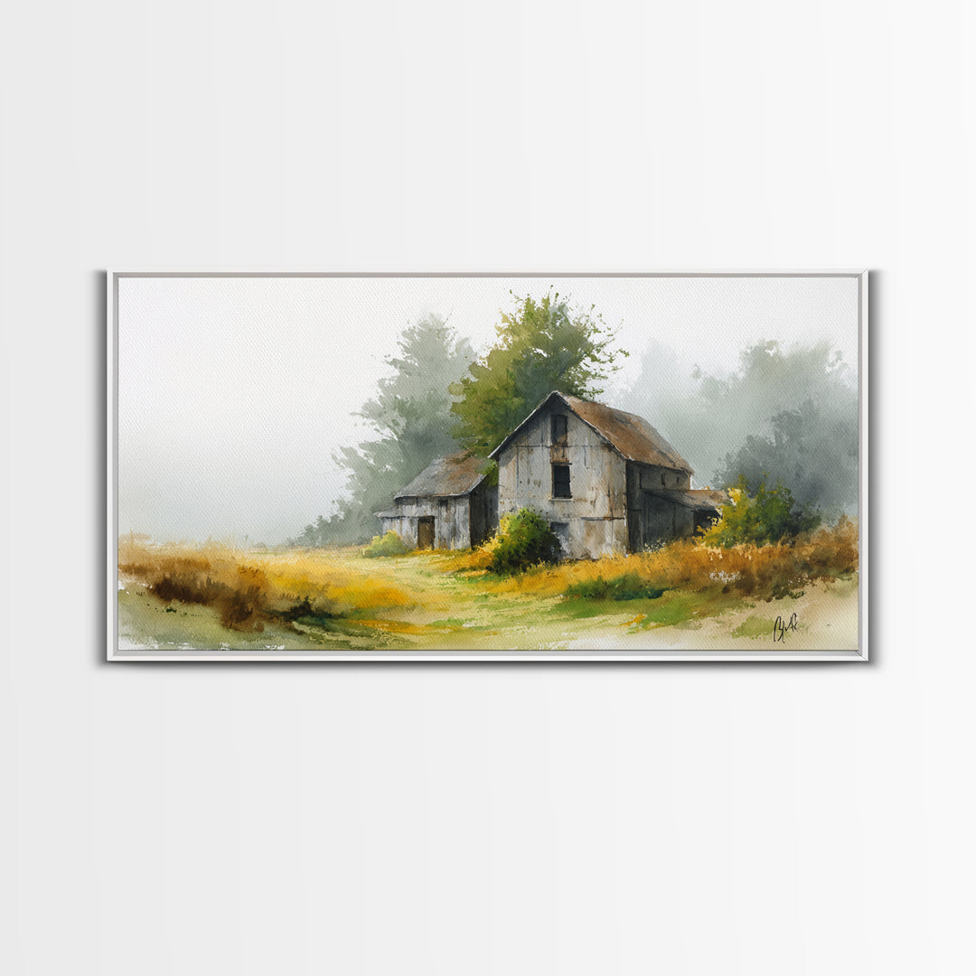 Old Farmhouse Landscape Framed Canvas Print, Bed and Breakfast Art, Living Room Decor, Watercolor Art, Folk Art, BAB-2x1-51