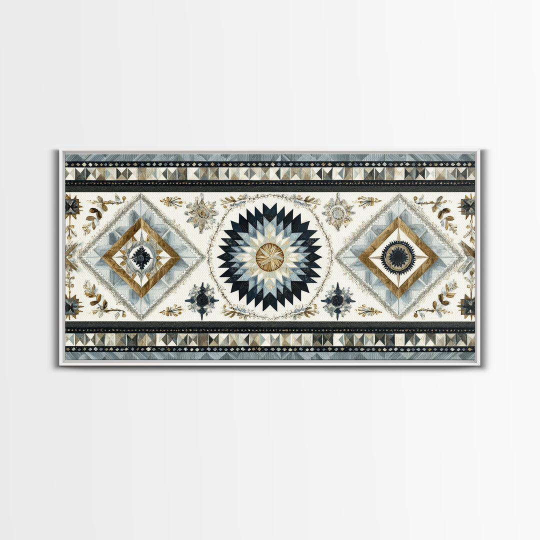 Quilt Pattern Folk Art Composition Framed Canvas Print, Bed and Breakfast Art, Dopamine Decor, Living Room Decor, Fine Art, BAB-2x1-55