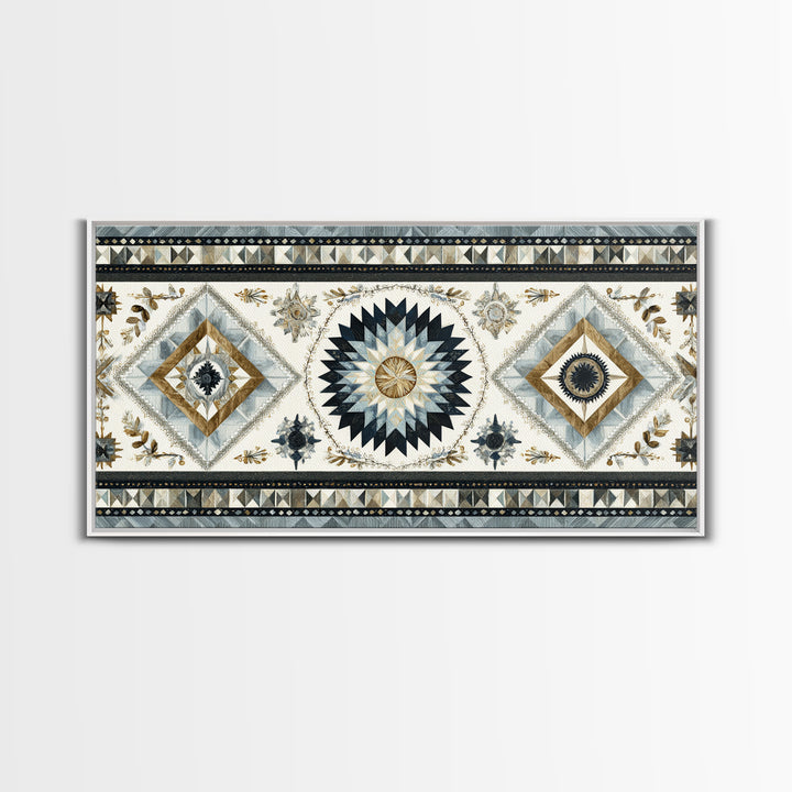 Quilt Pattern Folk Art Composition Framed Canvas Print, Bed and Breakfast Art, Dopamine Decor, Living Room Decor, Fine Art, BAB-2x1-55