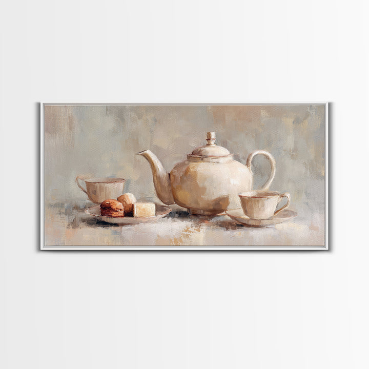 Porcelain Teapot and Scones Framed Canvas Print, Bed and Breakfast Art, Art Print, Living Room Decor, Fine Art, BAB-2x1-56