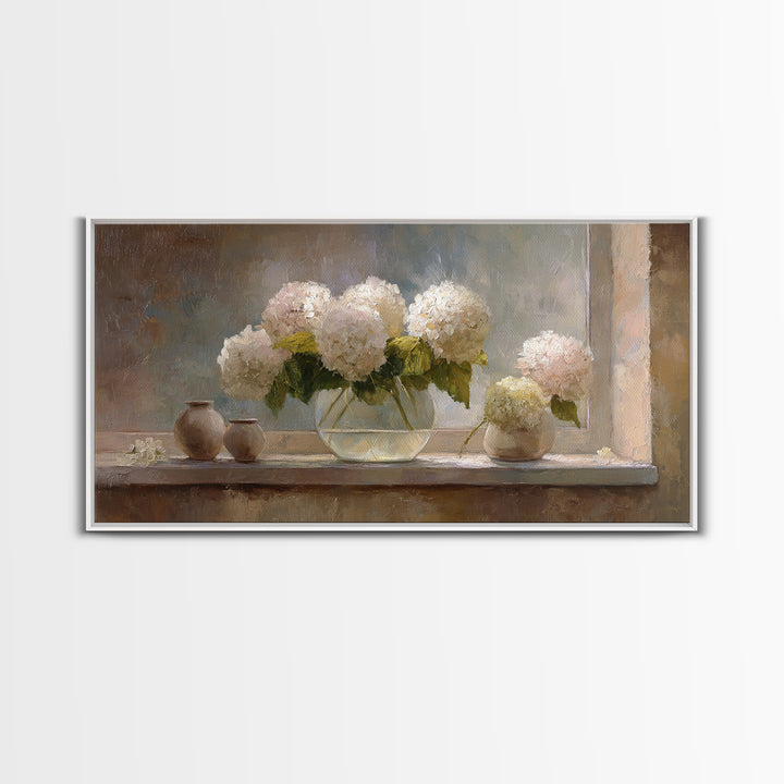 Sunlit Hydrangeas on a Windowsill Framed Canvas Print, Bed and Breakfast Art, Minimalist Decor, Living Room Decor, Fine Art, BAB-2x1-6