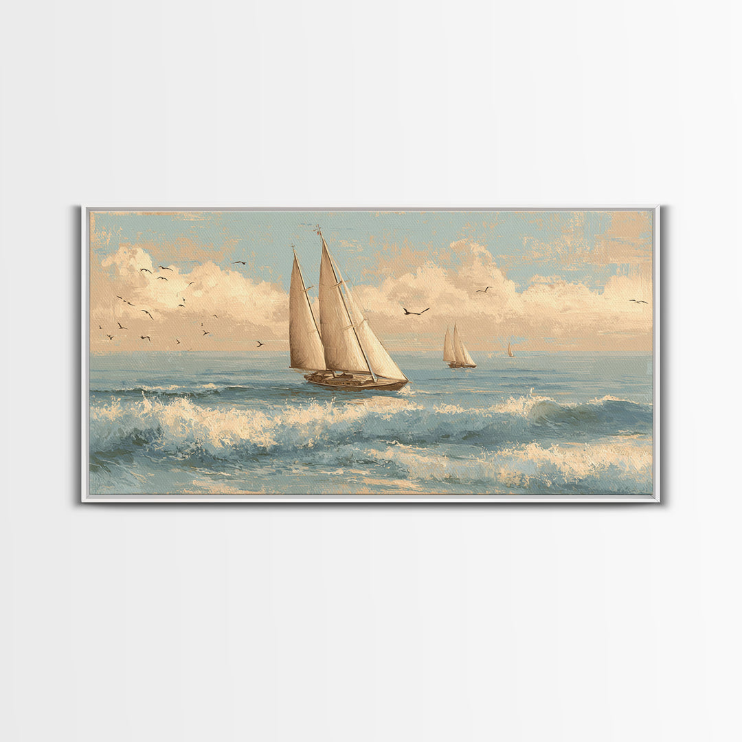Coastal Inn Sailboat at Sunrise Canvas Print, Bed and Breakfast Art, Abstract Art, Living Room Decor, Fine Art, BAB-2x1-61