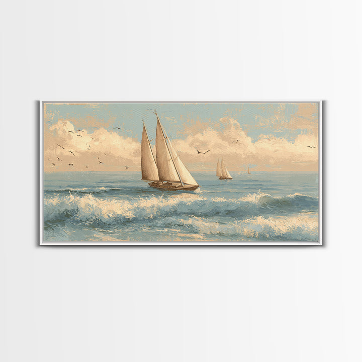 Coastal Inn Sailboat at Sunrise Canvas Print, Bed and Breakfast Art, Abstract Art, Living Room Decor, Fine Art, BAB-2x1-61