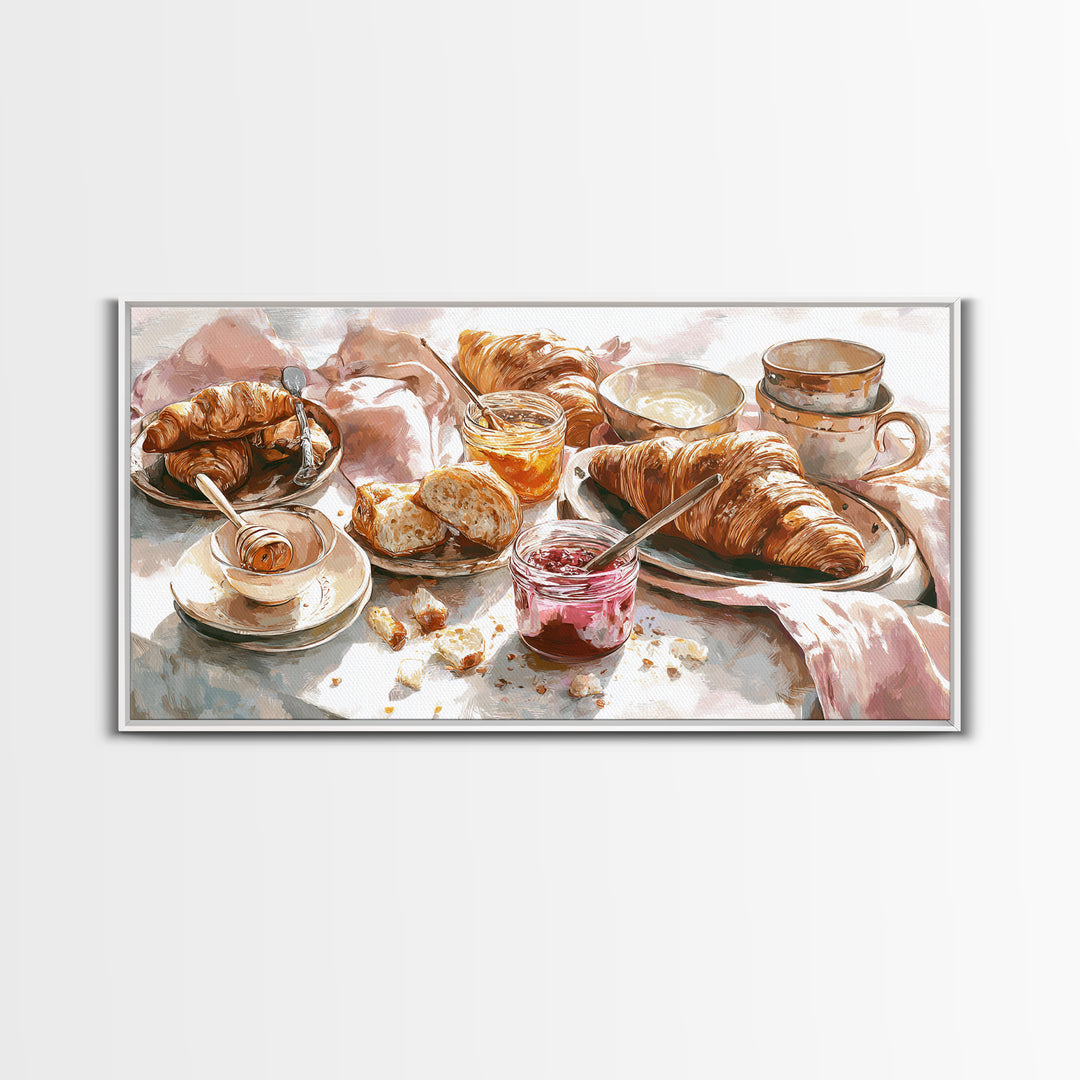 Fresh Croissants and Jam on a Linen Canvas Print, Bed and Breakfast Art, Printable, Living Room Decor, Fine Art, BAB-2x1-70