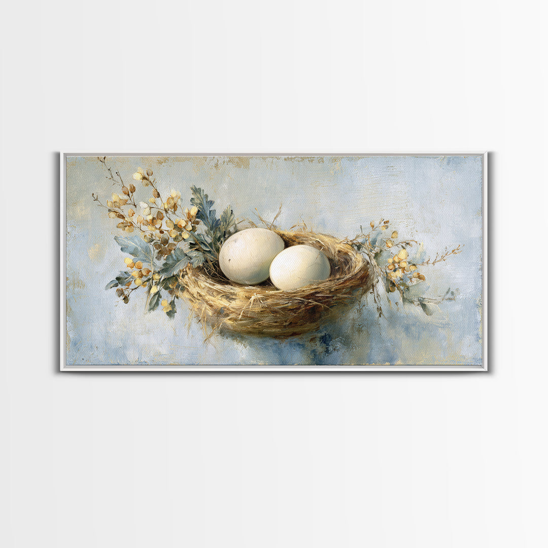 Fresh Eggs in a Woven Basket with Canvas Print, Bed and Breakfast Art, Printable Wall Art, Living Room Decor, Watercolor Art, BAB-2x1-74