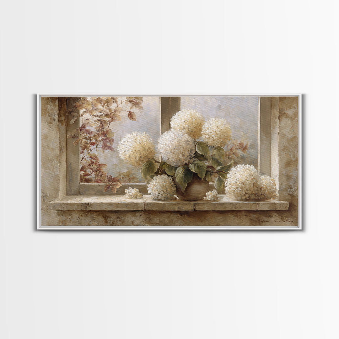 Sunlit Hydrangeas on a Windowsill Canvas Print, Bed and Breakfast Art, Decor, Living Room Decor, Fine Art, Dopamine Decor, BAB-2x1-78