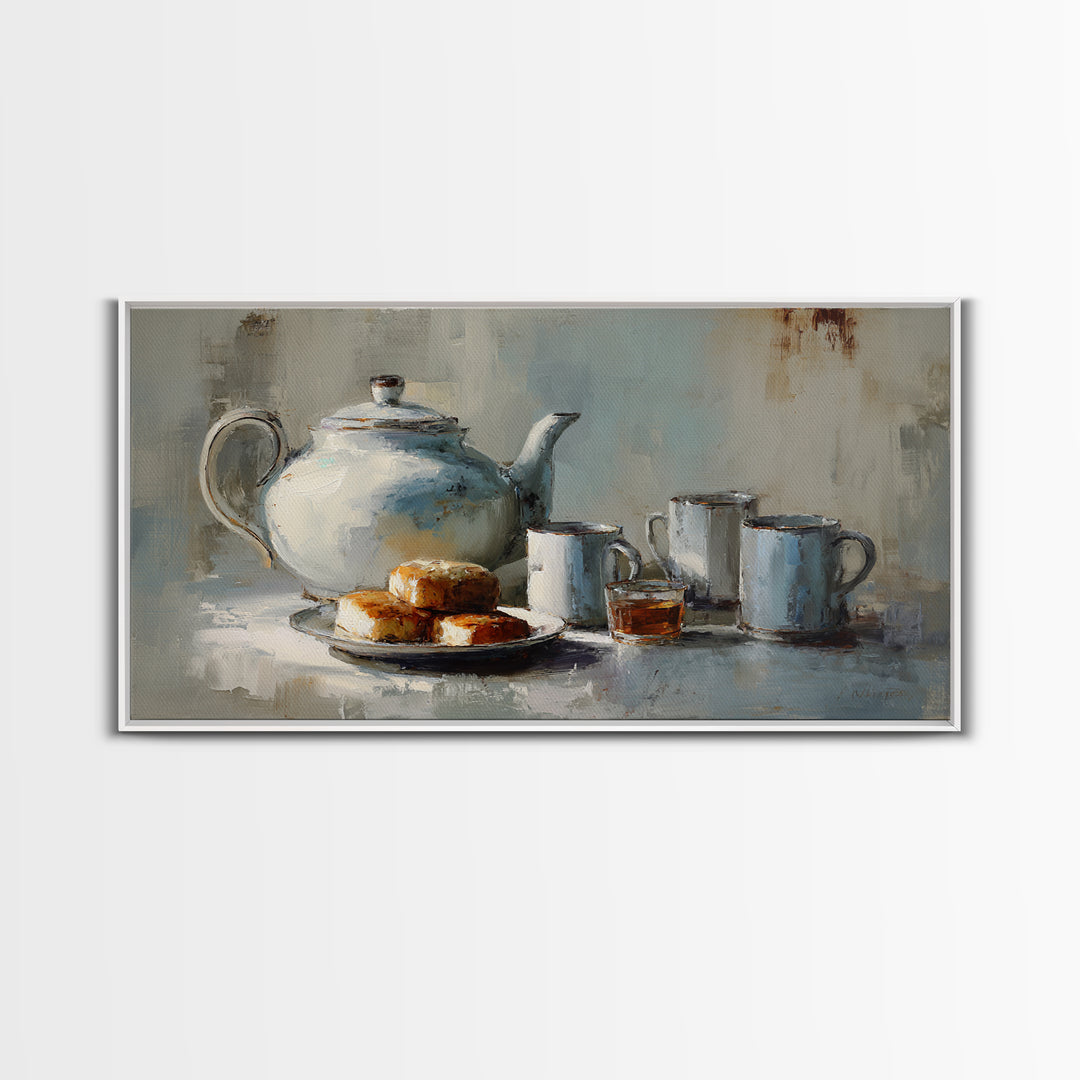 Porcelain Teapot and Scones Framed Canvas Print, Bed and Breakfast Art, Bed, Living Room Decor, Fine Art, Rustic Home Decor, BAB-2x1-80