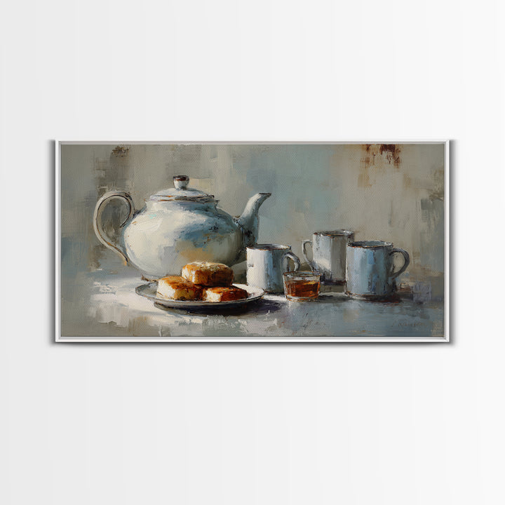 Porcelain Teapot and Scones Framed Canvas Print, Bed and Breakfast Art, Bed, Living Room Decor, Fine Art, Rustic Home Decor, BAB-2x1-80
