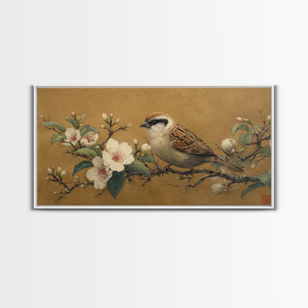 Small Bird on a Flowering Branch Canvas Print, Bed and Breakfast Art, Print, Living Room Decor, Watercolor Art, BAB-2x1-82
