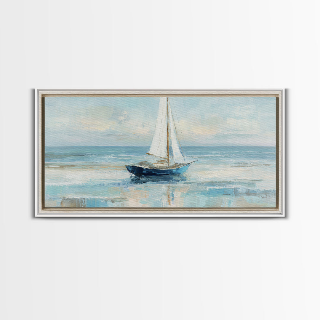 Coastal Inn Sailboat at Sunrise Framed Canvas Print, Bed and Breakfast Art, Dopamine Decor, Living Room Decor, Fine Art, BAB-2x1-85