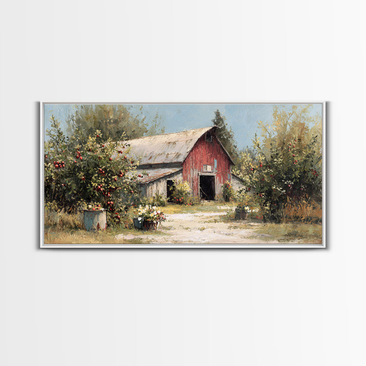 Apple Orchard Scene Framed Canvas Print, Bed and Breakfast Art, Decor, Living Room Decor, Fine Art, Dopamine Decor, BAB-2x1-9