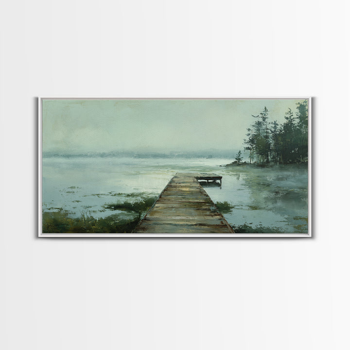 Quiet Lake Dock at Early Morning Framed Canvas Print, Bed and Breakfast Art, Digital Art, Living Room Decor, Fine Art, BAB-2x1-90