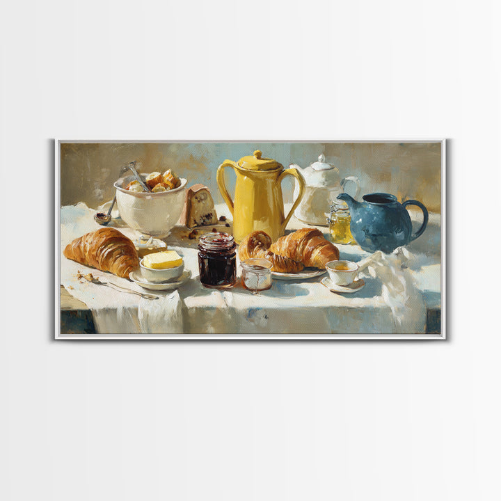 Fresh Croissants and Jam on a Linen Canvas Print, Bed and Breakfast Art, Printable, Living Room Decor, Fine Art, BAB-2x1-94