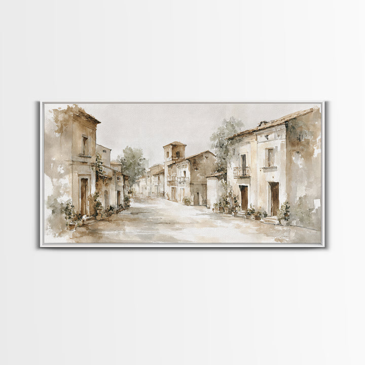 Soft Watercolor Village Street at Dawn Canvas Print, Bed and Breakfast Art, Bedroom Wall Art, Living Room Decor, BAB-2x1-97