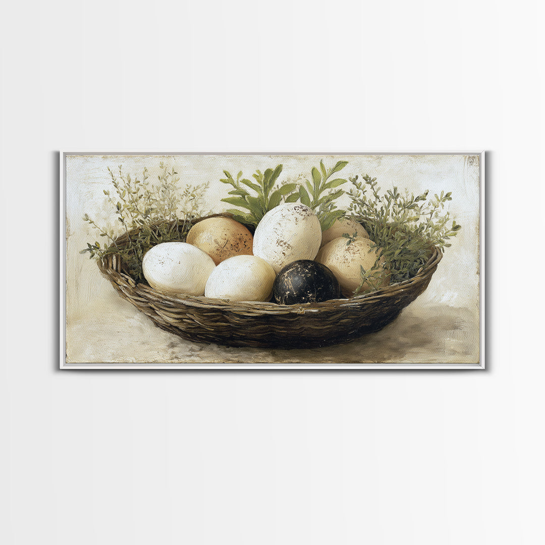 Fresh Eggs in a Woven Basket with Canvas Print, Bed and Breakfast Art, Printable Wall Art, Living Room Decor, Watercolor Art, BAB-2x1-98