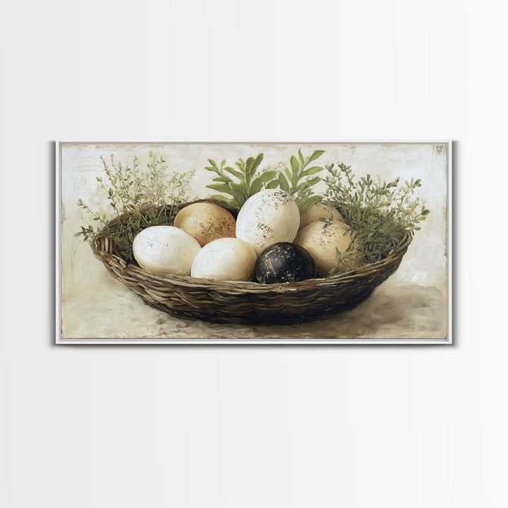 Fresh Eggs in a Woven Basket with Canvas Print, Bed and Breakfast Art, Printable Wall Art, Living Room Decor, Watercolor Art, BAB-2x1-98
