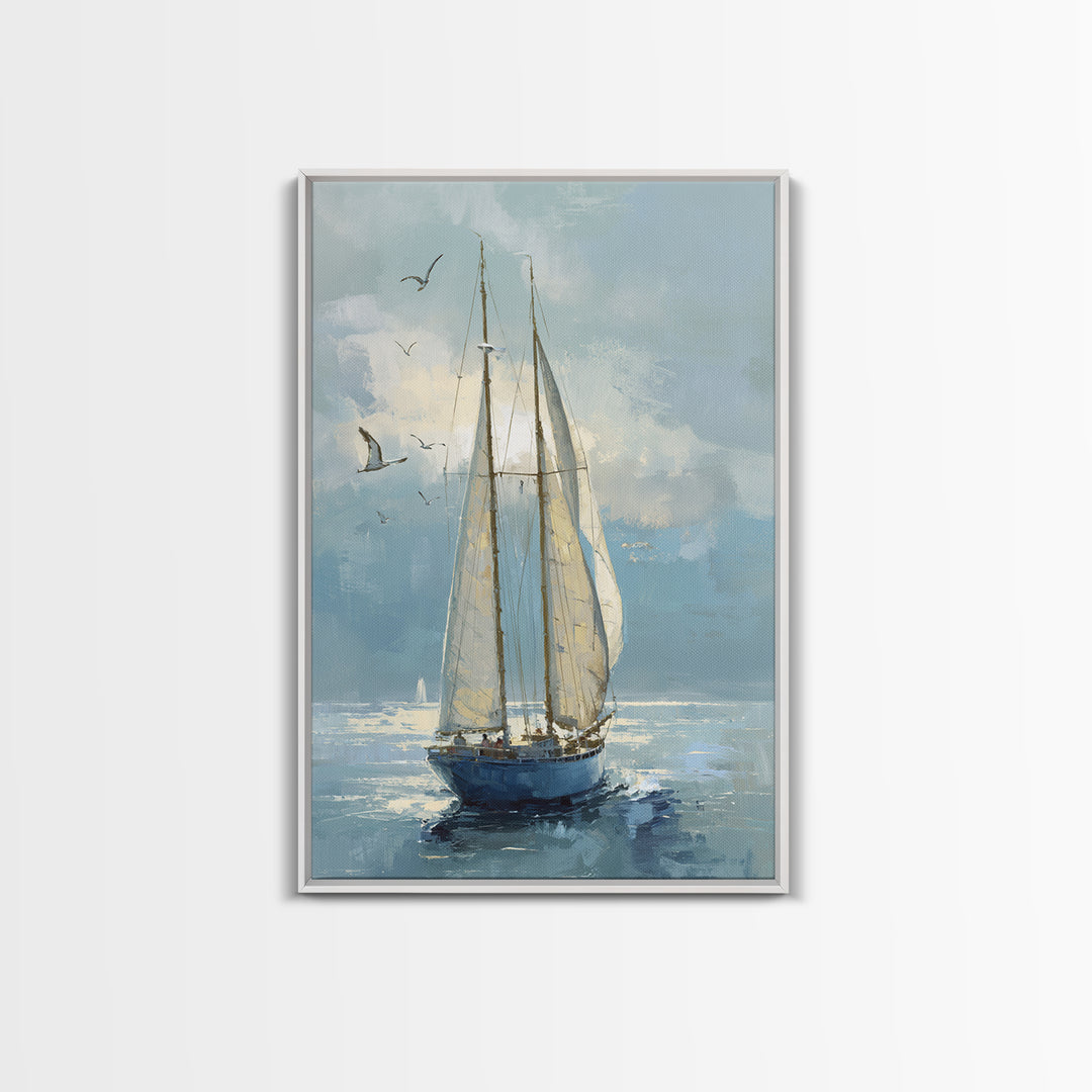 Coastal Inn Sailboat at Sunrise Framed Canvas Print, Bed and Breakfast Art, Printable, Living Room Decor, Fine Art, BAB-2x3-1