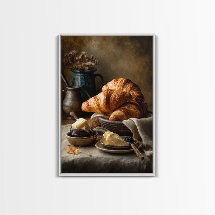 Fresh Croissants and Jam on a Linen Canvas Print, Bed and Breakfast Art, Contemporary Art, Living Room Decor, Abstract Art, BAB-2x3-10