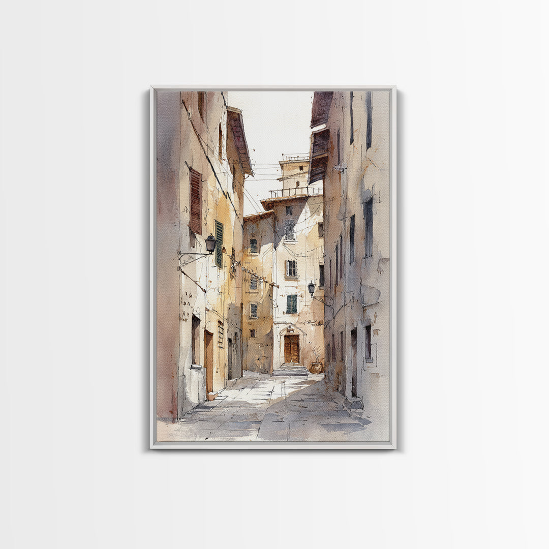 Soft Watercolor Village Street at Dawn Framed Canvas Print, Bed and Breakfast Art, Abstract Art, Living Room Decor, Fine Art, BAB-2x3-13