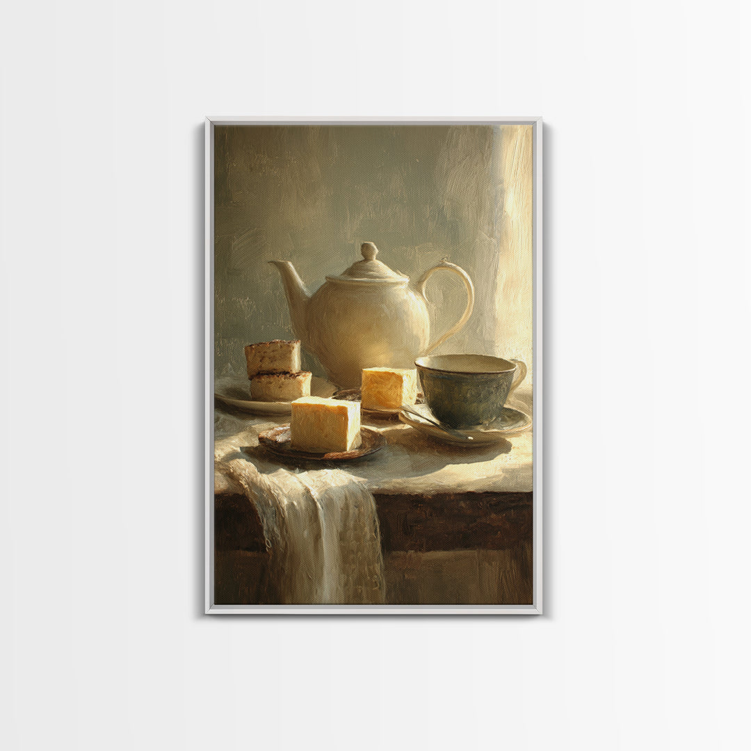 Porcelain Teapot and Scones Framed Canvas Print, Bed and Breakfast Art, Farmhouse Decor, Living Room Decor, Oil Painting, BAB-2x3-20