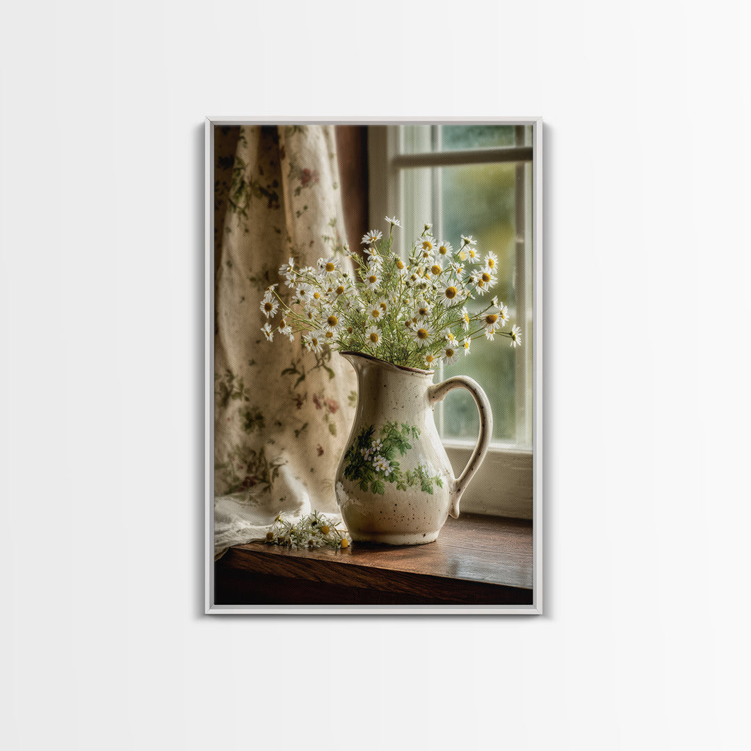 Country Wildflowers in a Chipped Ceramic Pitcher Framed Canvas Print, Bed and Breakfast Art, Living Room Decor, Fine Art, BAB-2x3-33