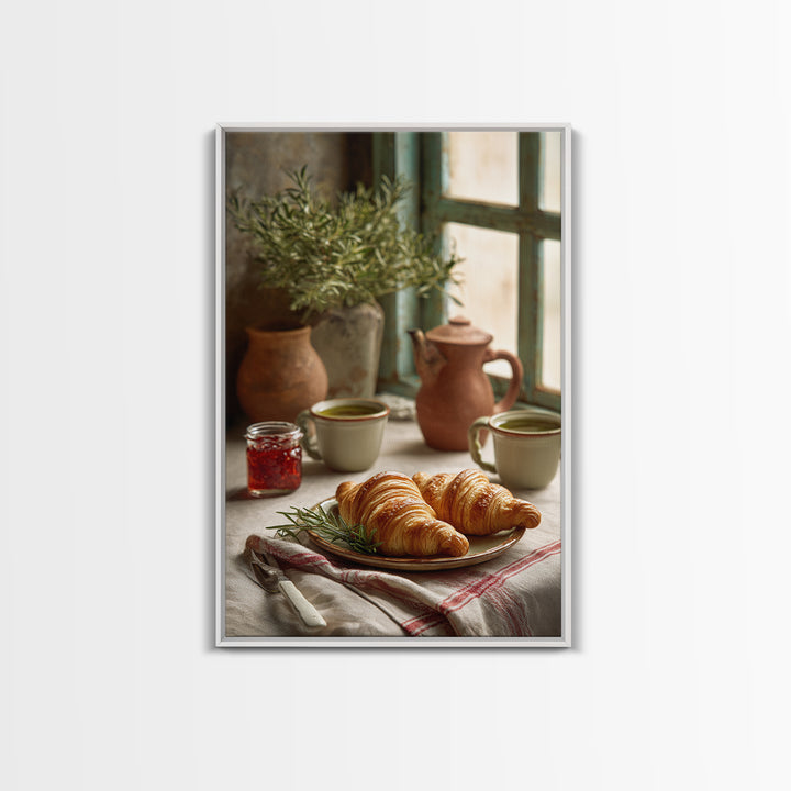 Fresh Croissants and Jam on a Linen Framed Canvas Print, Bed and Breakfast Art, Print, Living Room Decor, Abstract Art, BAB-2x3-34