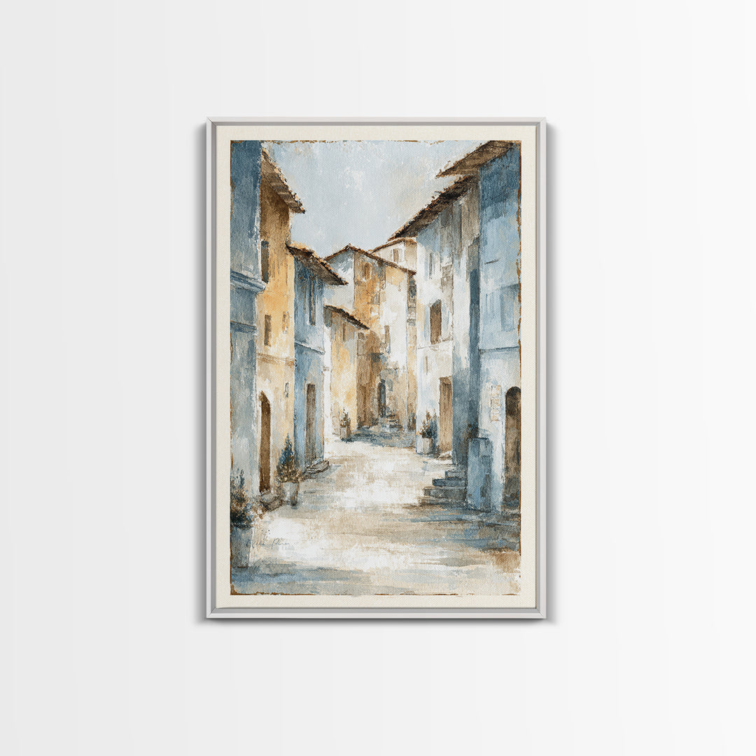 Soft Watercolor Village Street at Dawn Framed Canvas Print, Bed and Breakfast Art, Abstract Art, Living Room Decor, Fine Art, BAB-2x3-37