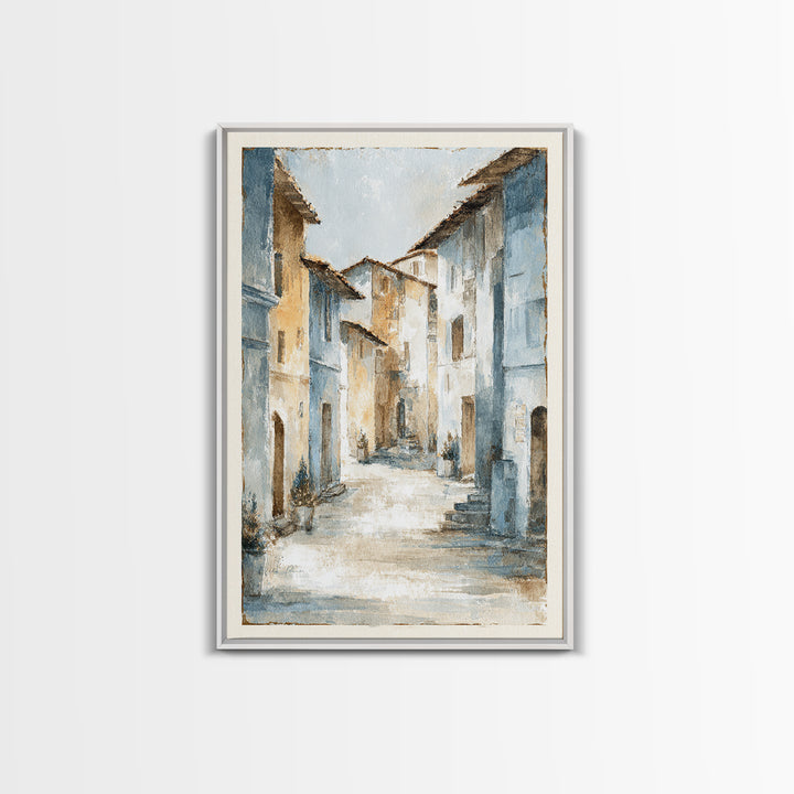 Soft Watercolor Village Street at Dawn Framed Canvas Print, Bed and Breakfast Art, Abstract Art, Living Room Decor, Fine Art, BAB-2x3-37