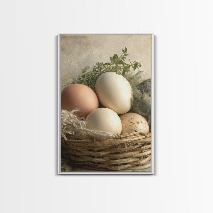 Fresh Eggs in a Woven Basket with Framed Canvas Print, Bed and Breakfast Art, Art Print, Living Room Decor, Fine Art, BAB-2x3-38