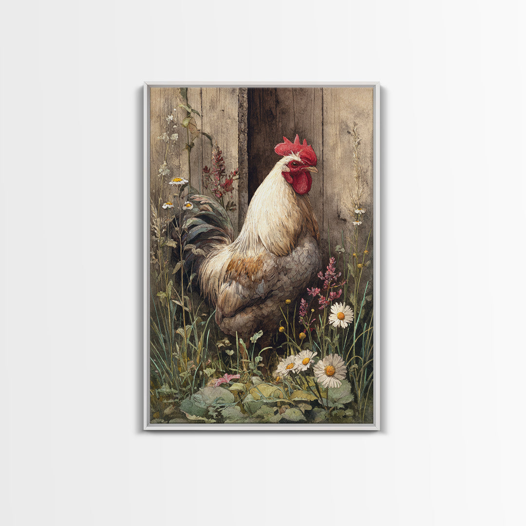 Rooster and Wildflower Country Portrait Framed Canvas Print, Bed and Breakfast Art, Digital Art, Living Room Decor, Fine Art, BAB-2x3-51