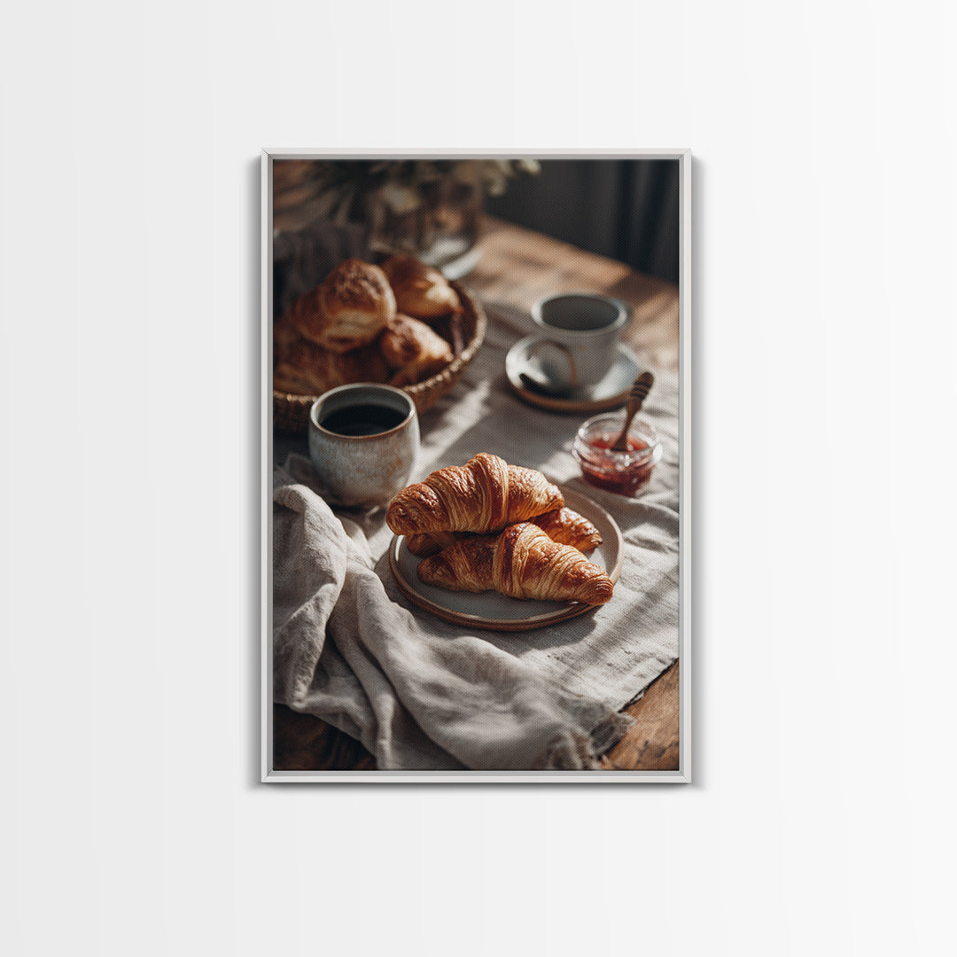 Fresh Croissants and Jam on a Linen Canvas Print, Bed and Breakfast Art, Abstract Art, Living Room Decor, Coffee Art, BAB-2x3-58