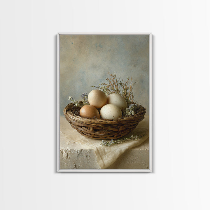 Fresh Eggs in a Woven Basket with Canvas Print, Bed and Breakfast Art, Bedroom Decor, Living Room Decor, Abstract Art, BAB-2x3-62