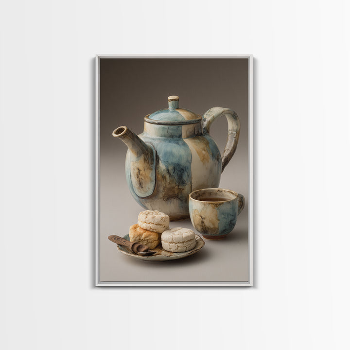 Porcelain Teapot and Scones Framed Canvas Print, Bed and Breakfast Art, Bed, Living Room Decor, Fine Art, Rustic Home Decor, BAB-2x3-68