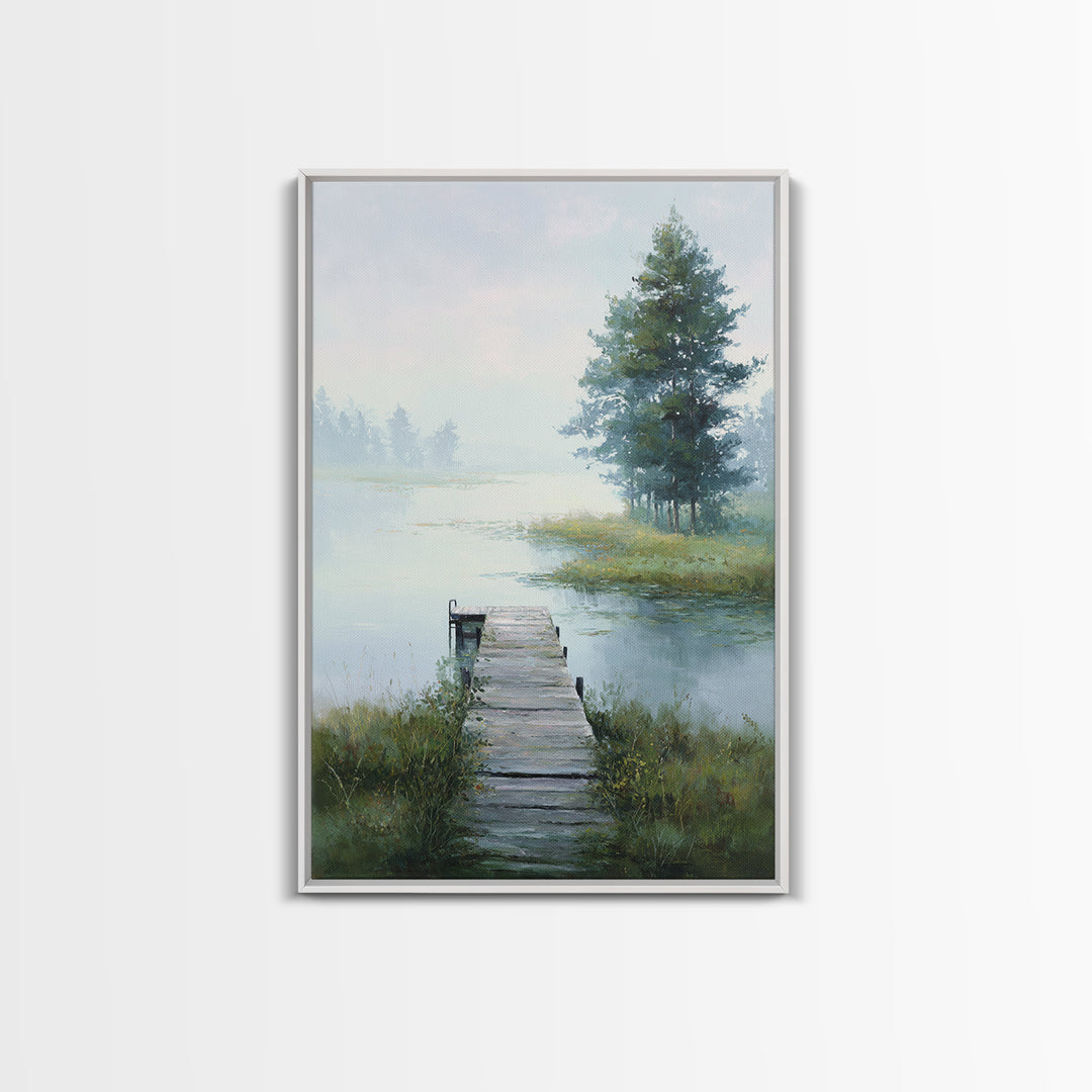 Quiet Lake Dock at Early Morning Framed Canvas Print, Bed and Breakfast Art, Canvas Wall Art, Living Room Decor, Fine Art, BAB-2x3-78